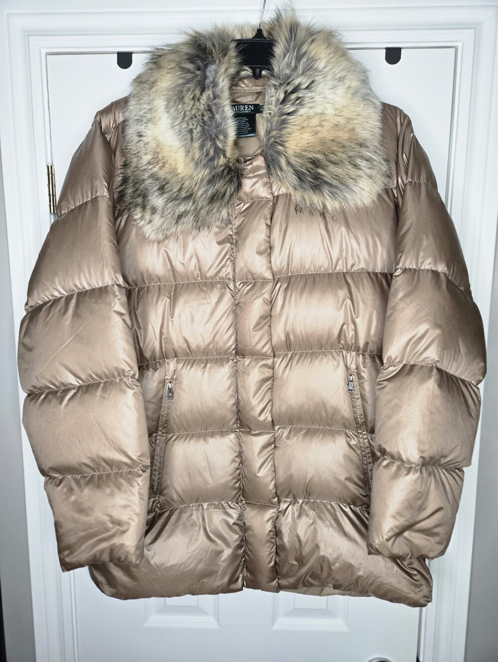 Lauren Ralph Lauren Metallic Truffle Taupe Down Quilted Puffer Winter Coat